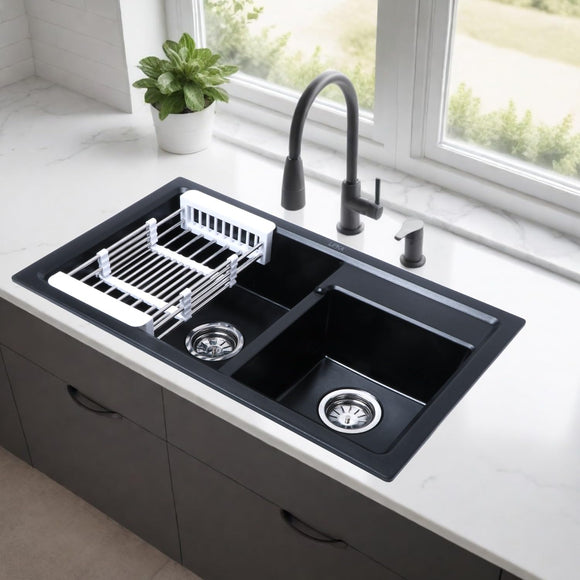 Black Quartz Double Bowl Kitchen Sink (34 x 20 x 9 Inches) - LIPKA - Lipka Home