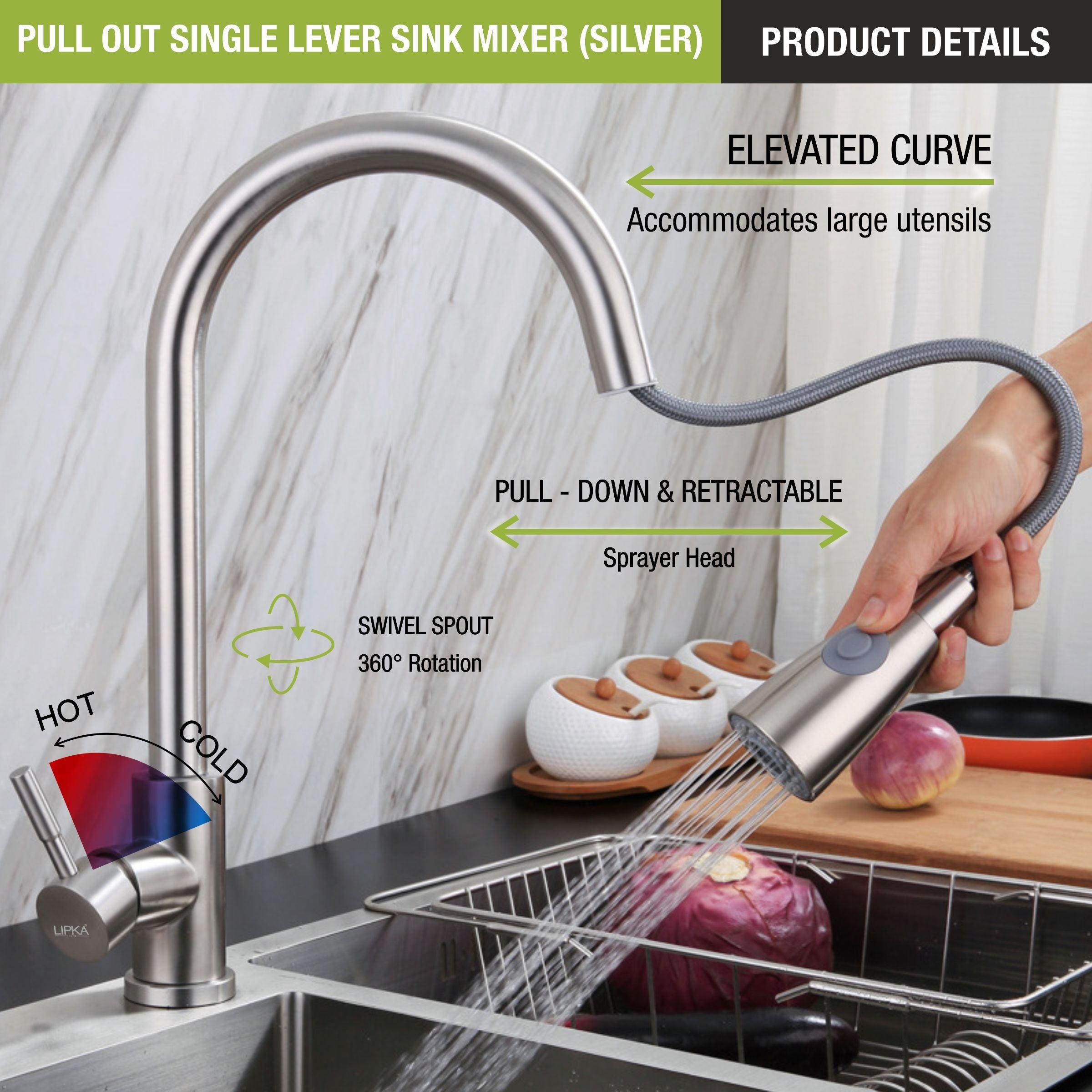 Kyron Single Lever 304-Grade Pull-out Mixer Faucet with Swivel Spout & Dual Flow (Silver) - LIPKA - Lipka Home