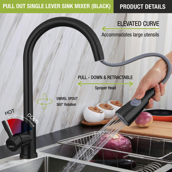 Kyron Single Lever 304-Grade Pull-out Mixer Faucet with Swivel Spout & Dual Flow (Black) - LIPKA - Lipka Home