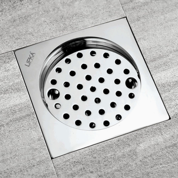 Eon Square Flat Cut Floor Drain with Plain Jali, Lock and Hole (5 x 5 Inches) - LIPKA - Lipka Home