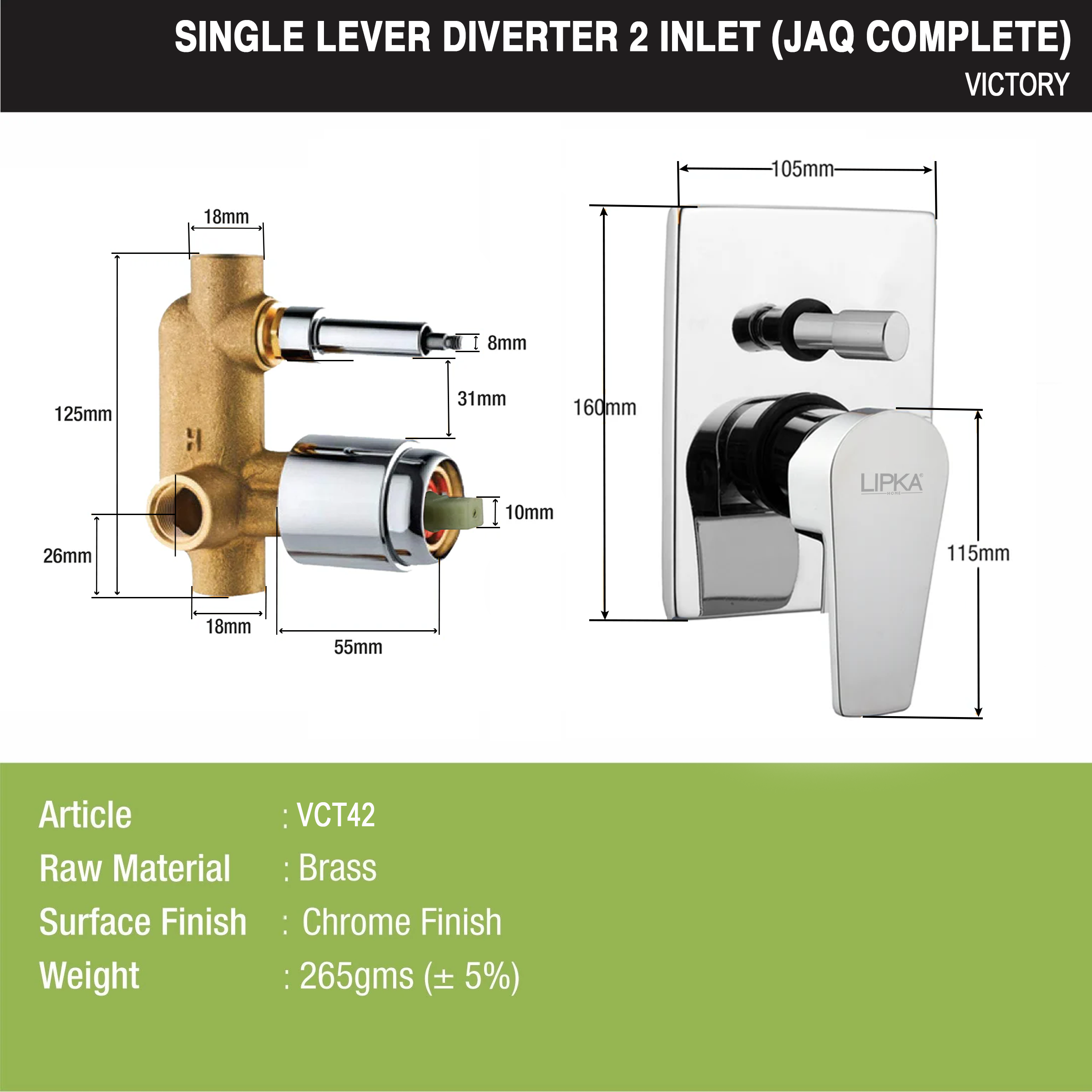 Victory JAQ 2-inlet Single Lever Diverter (Complete Set) dimensions