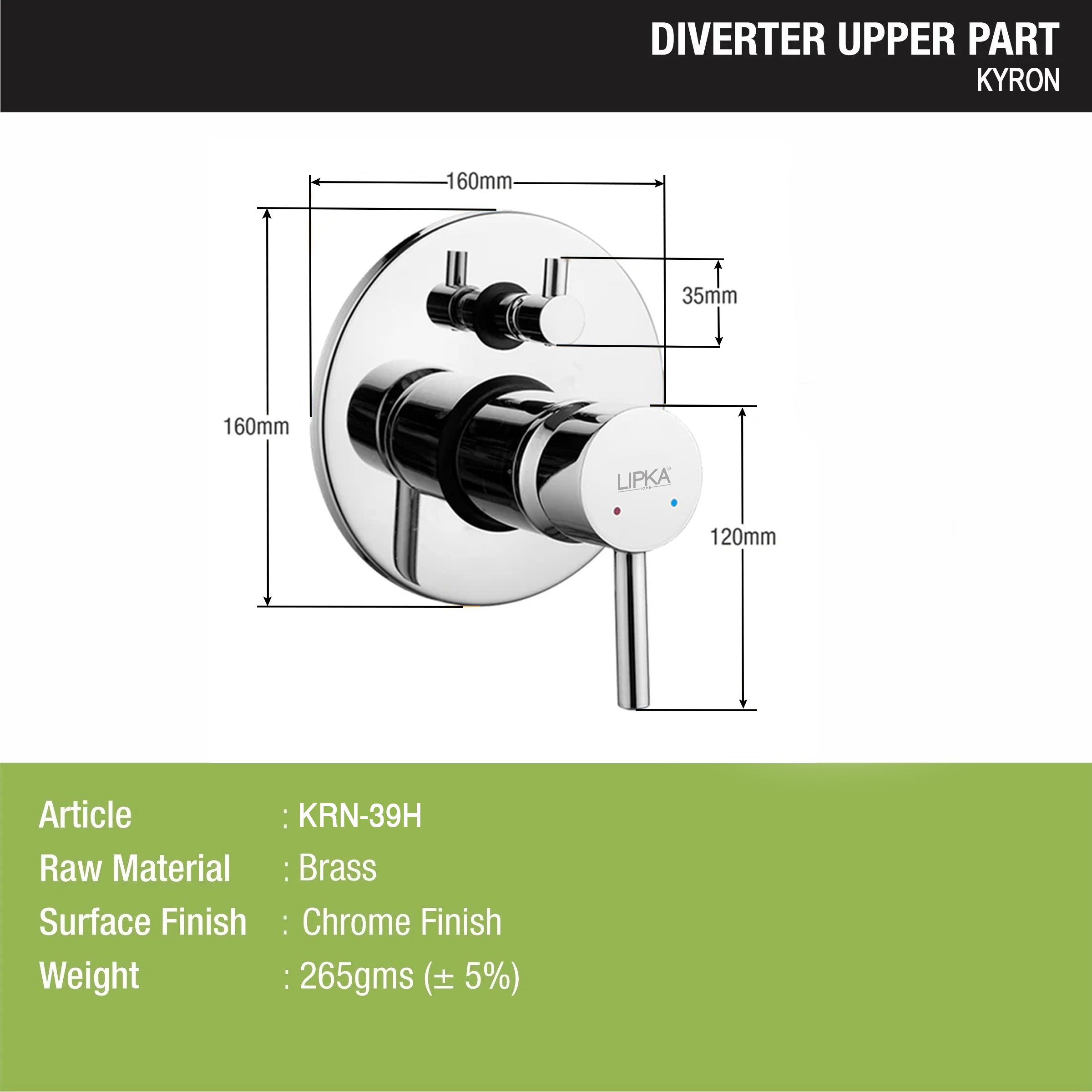 Kyron Diverter Upper Part (Compatible with 2-Inlet High Flow & 3 Inlet Diverter Body) dimensions