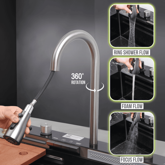 Piano Waterfall Kitchen Sink (30 x 18 x 9 inches) with Pull-out Mixer Faucet & RO Tap - LIPKA - Lipka Home