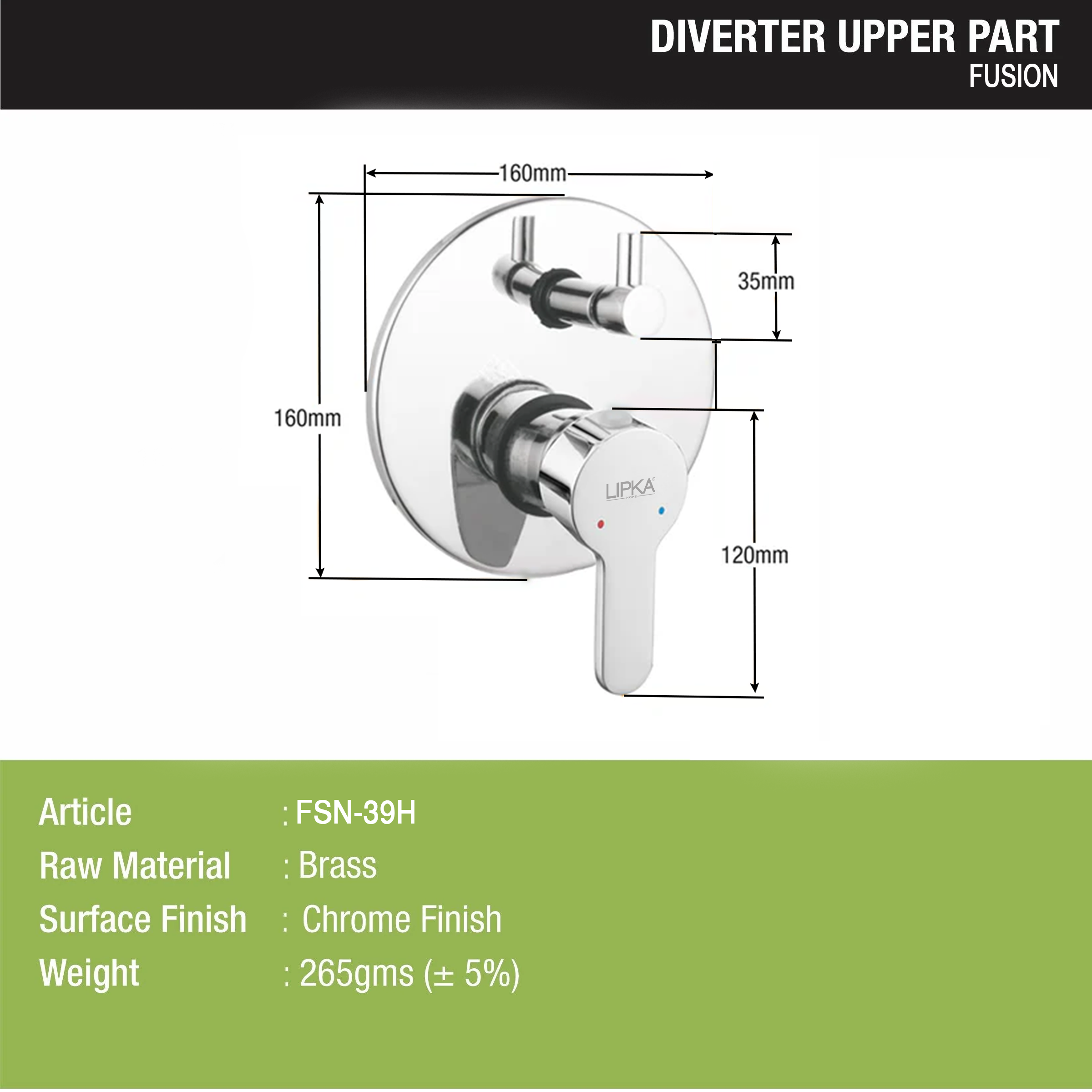 Fusion Diverter Upper Part (Compatible with 2-Inlet High Flow & 3 Inlet Diverter Body) dimensions