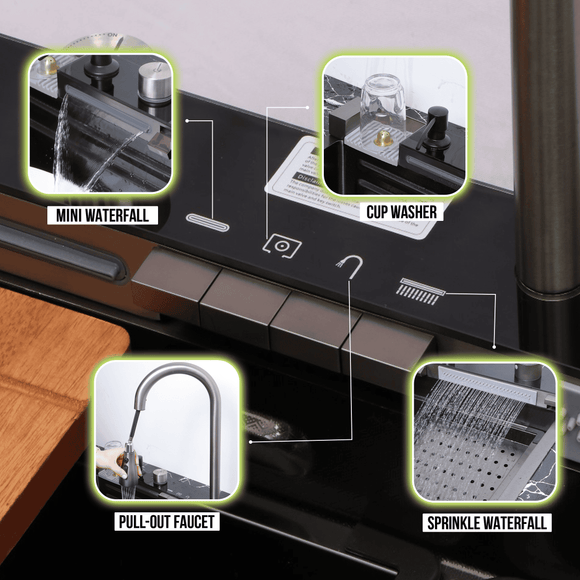 Piano Waterfall Kitchen Sink (30 x 18 x 9 inches) with Pull-out Mixer Faucet & RO Tap - LIPKA - Lipka Home