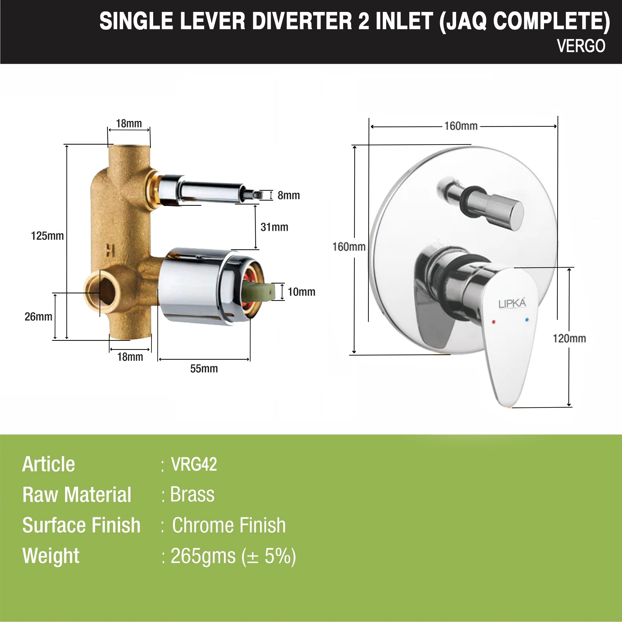 Virgo JAQ 2-inlet Single Lever Diverter (Complete Set) dimensions