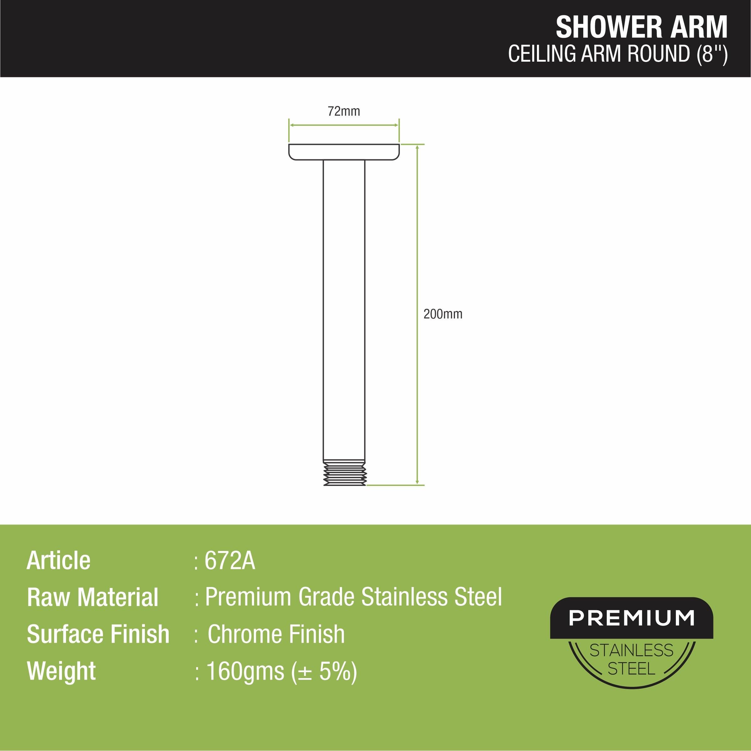 Ceiling Round Shower Arm (8 Inches) sizes and dimensions