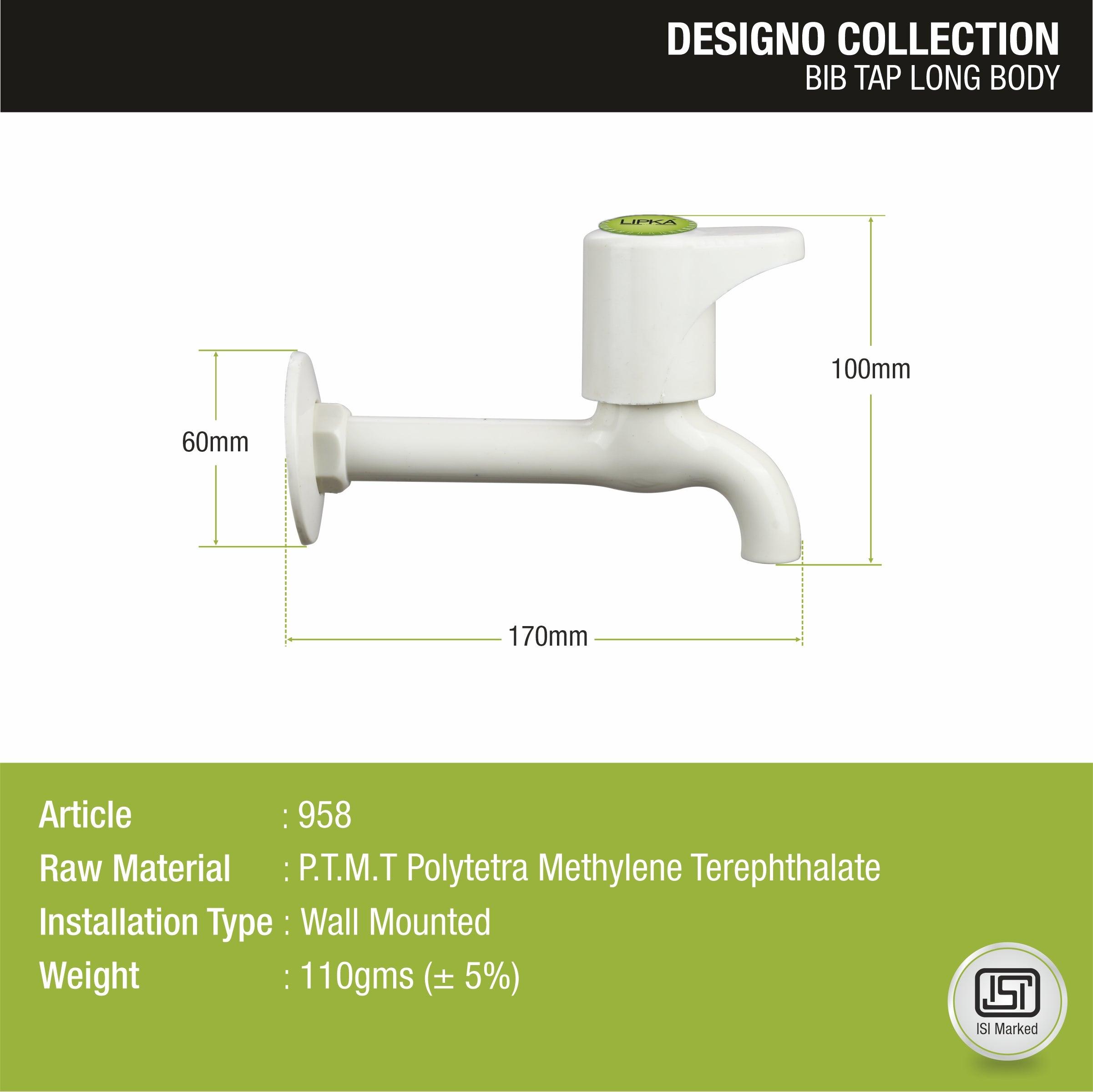 Designo Bib Tap Long Body PTMT Faucet sizes and dimensions