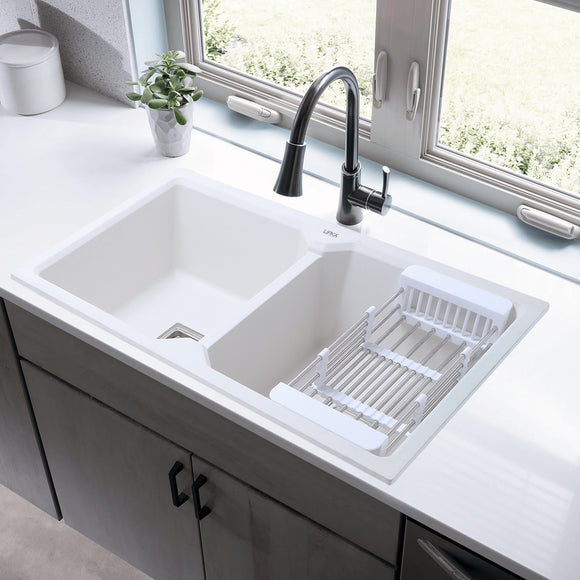 Crystal White Quartz Double Bowl Kitchen Sink (45 x 20 x 9 Inches) - LIPKA - Lipka Home