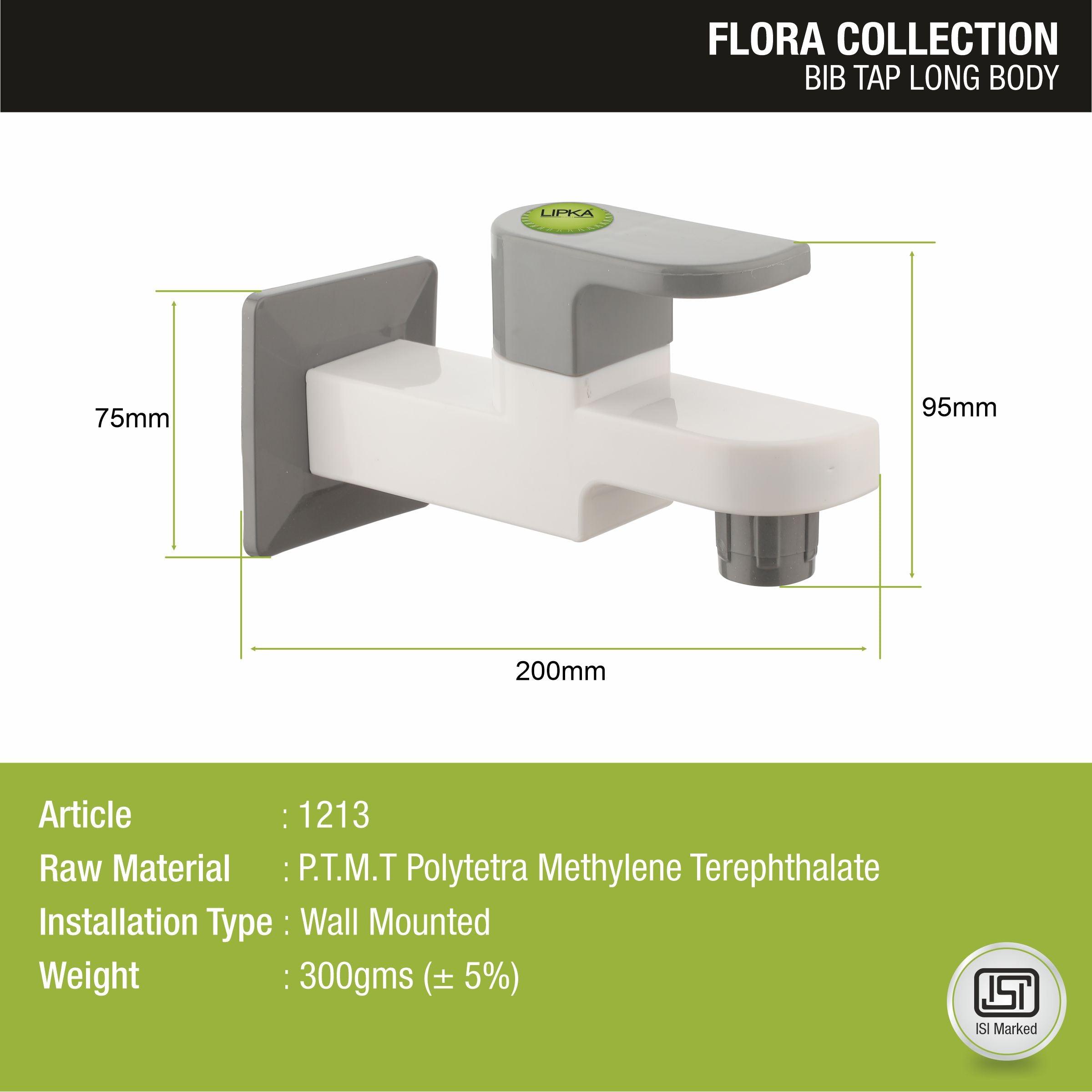 Flora Bib Tap Long Body PTMT Faucet sizes and dimensions