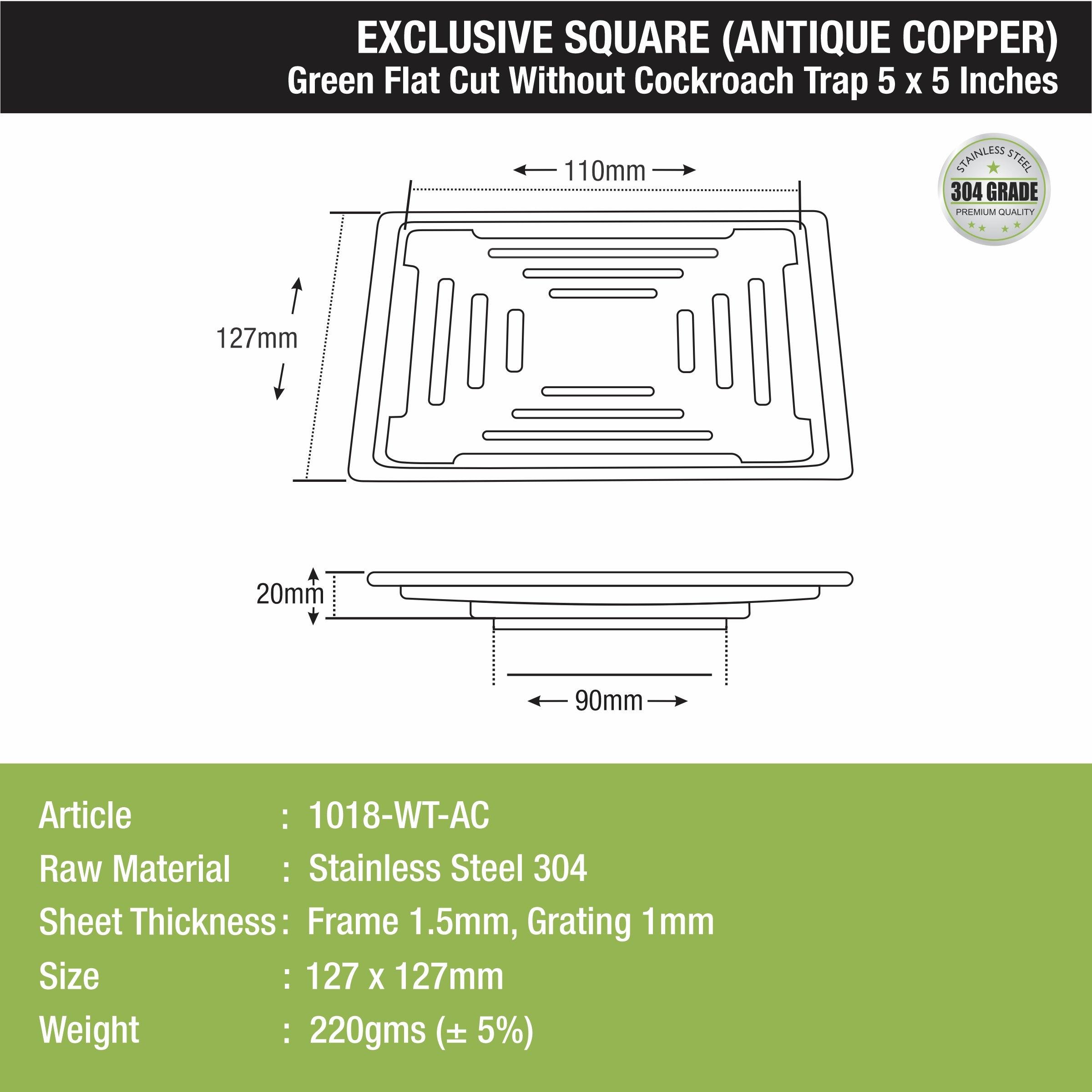 Green Exclusive Square Flat Cut Floor Drain in Antique Copper PVD Coating (5 x 5 Inches) sizes and dimensions