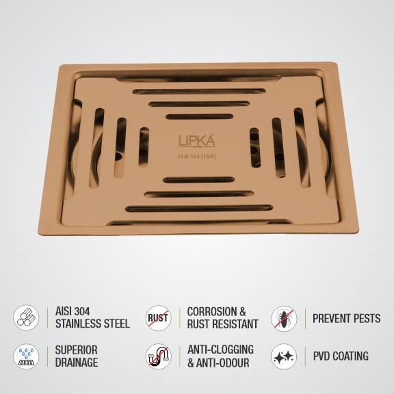 Green Exclusive Square Flat Cut Floor Drain in Antique Copper PVD Coating (5 x 5 Inches) features