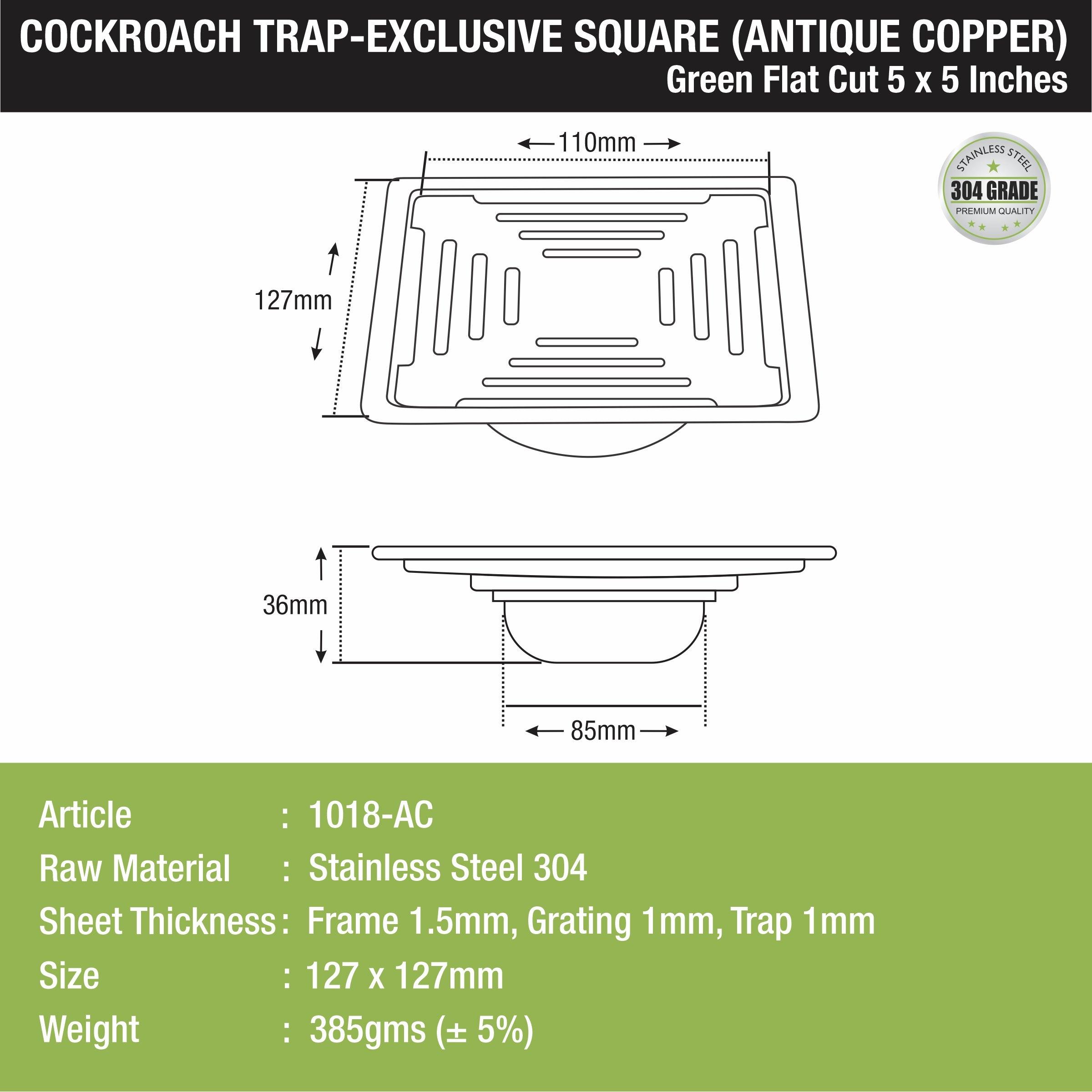 Green Exclusive Square Flat Cut Floor Drain in Antique Copper PVD Coating (5 x 5 Inches) with Cockroach Trap sizes and dimensions
