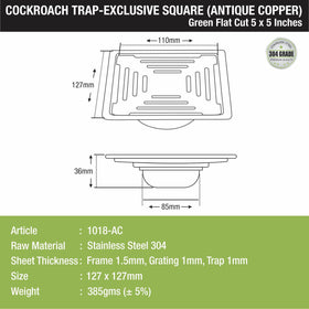 Green Exclusive Square Flat Cut Floor Drain in Antique Copper PVD Coating (5 x 5 Inches) with Cockroach Trap - LIPKA - Lipka Home