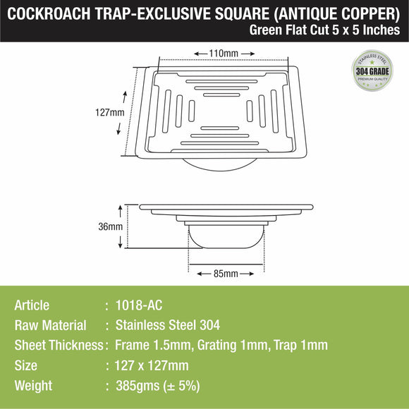 Green Exclusive Square Flat Cut Floor Drain in Antique Copper PVD Coating (5 x 5 Inches) with Cockroach Trap - LIPKA - Lipka Home
