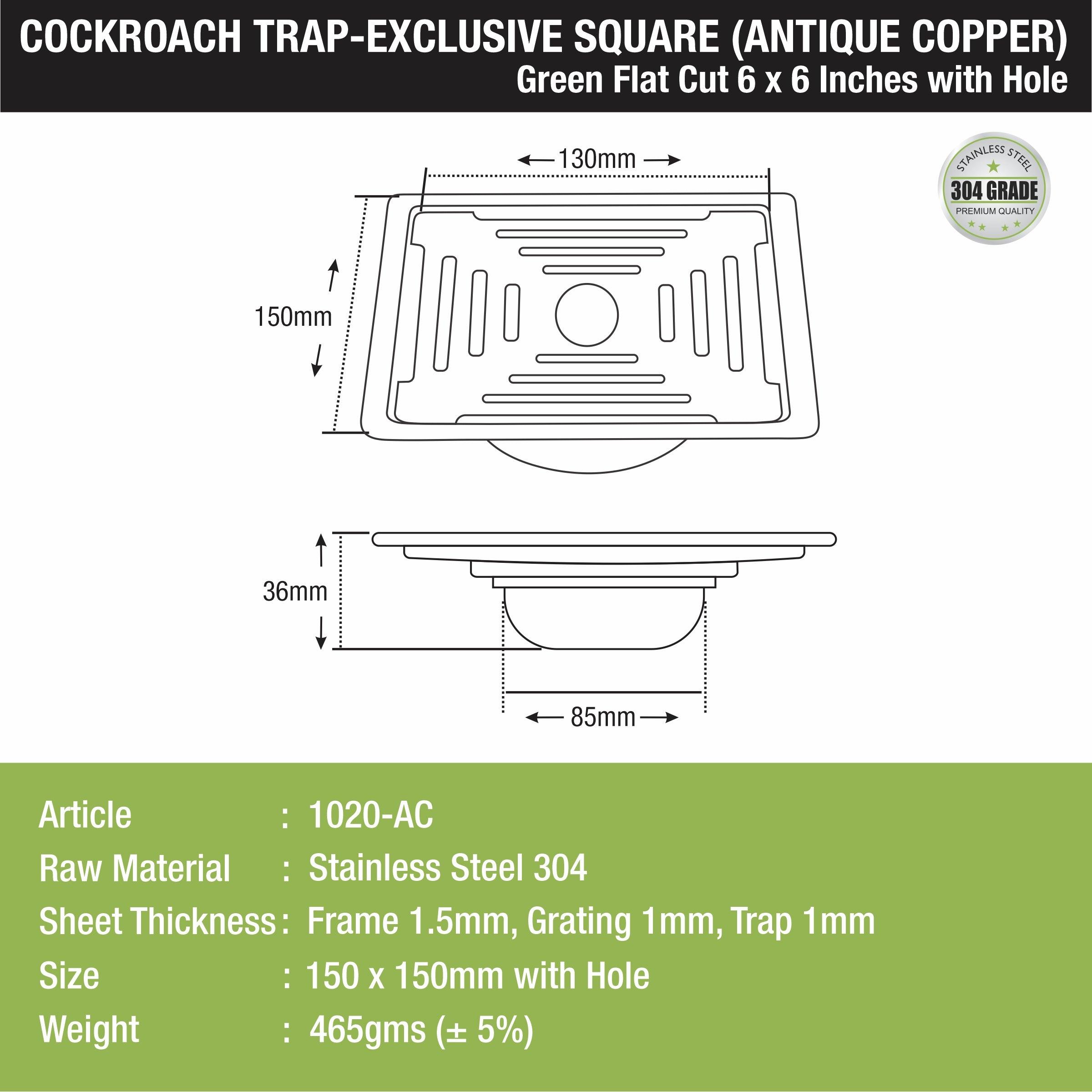 Green Exclusive Square Flat Cut Floor Drain in Antique Copper PVD Coating (6 x 6 Inches) with Hole & Cockroach Trap sizes and dimensions