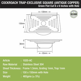 Green Exclusive Square Flat Cut Floor Drain in Antique Copper PVD Coating (6 x 6 Inches) with Hole & Cockroach Trap - LIPKA - Lipka Home