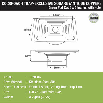 Green Exclusive Square Flat Cut Floor Drain in Antique Copper PVD Coating (6 x 6 Inches) with Hole & Cockroach Trap - LIPKA - Lipka Home