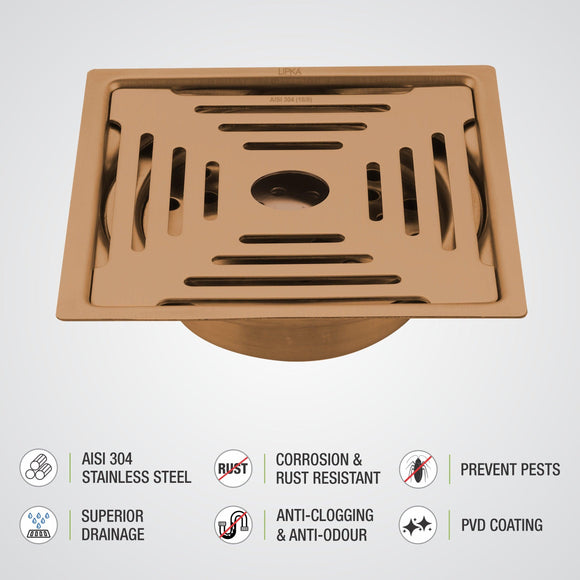 Green Exclusive Square Flat Cut Floor Drain in Antique Copper PVD Coating (6 x 6 Inches) with Hole & Cockroach Trap - LIPKA - Lipka Home