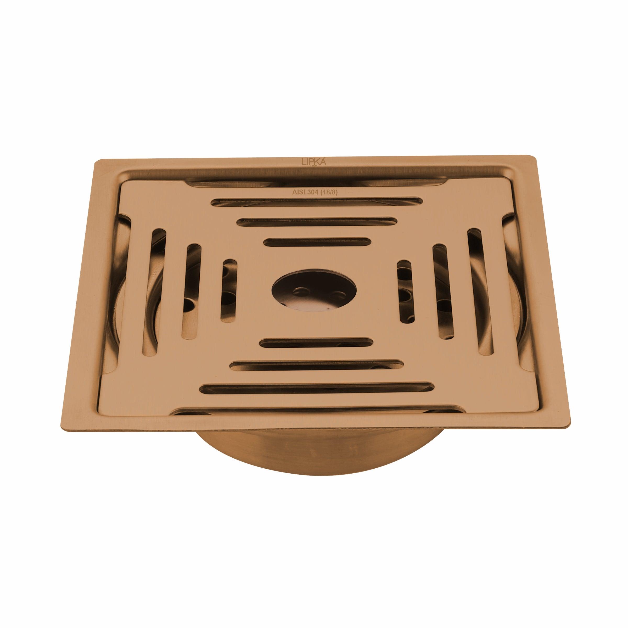 Green Exclusive Square Flat Cut Floor Drain in Antique Copper PVD Coating (6 x 6 Inches) with Hole & Cockroach Trap