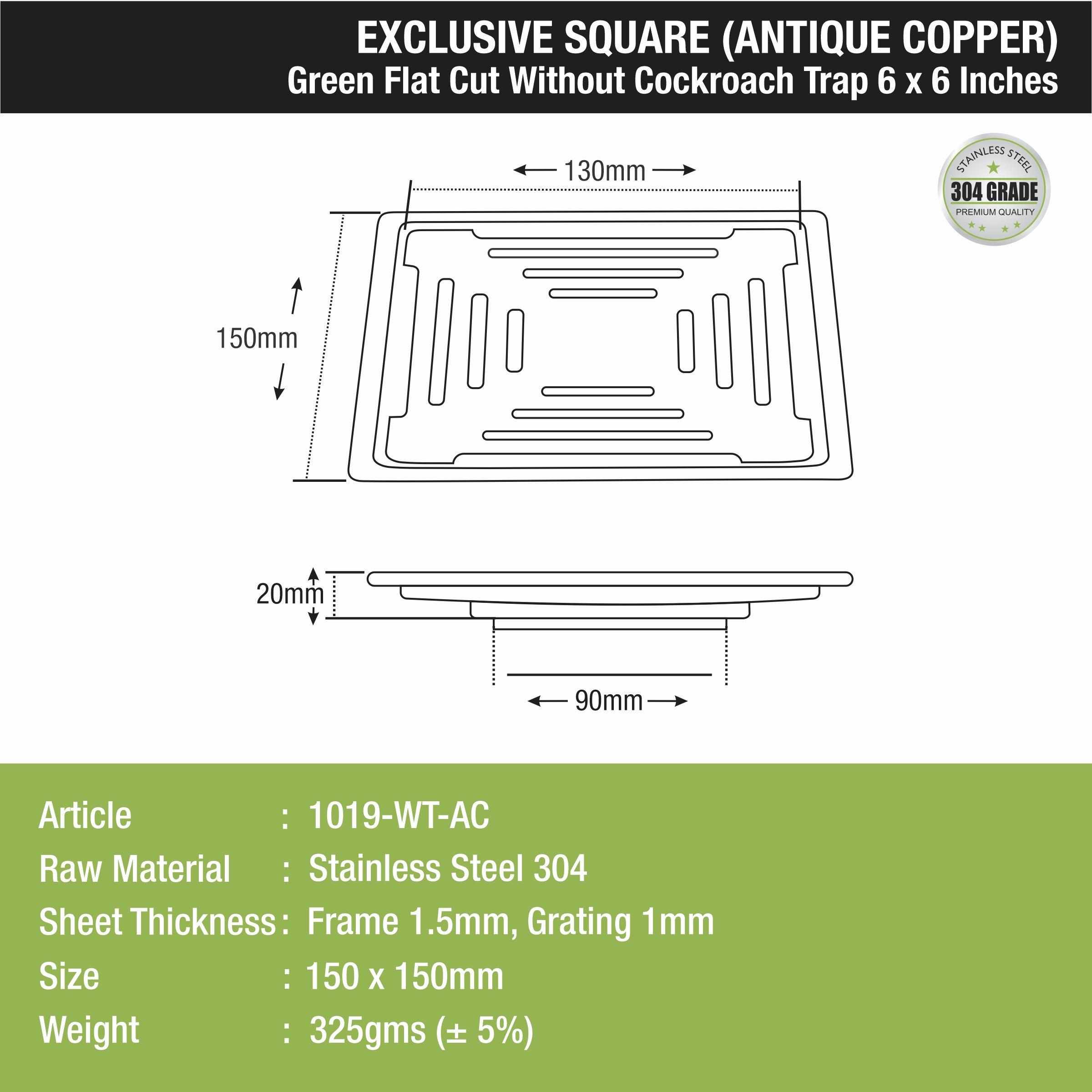 Green Exclusive Square Flat Cut Floor Drain in Antique Copper PVD Coating (6 x 6 Inches) sizes and dimensions