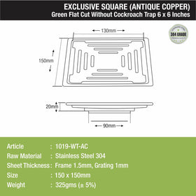 Green Exclusive Square Flat Cut Floor Drain in Antique Copper PVD Coating (6 x 6 Inches) - LIPKA - Lipka Home