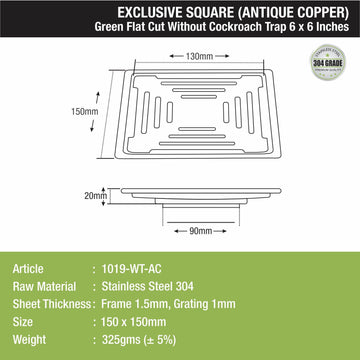 Green Exclusive Square Flat Cut Floor Drain in Antique Copper PVD Coating (6 x 6 Inches) - LIPKA - Lipka Home