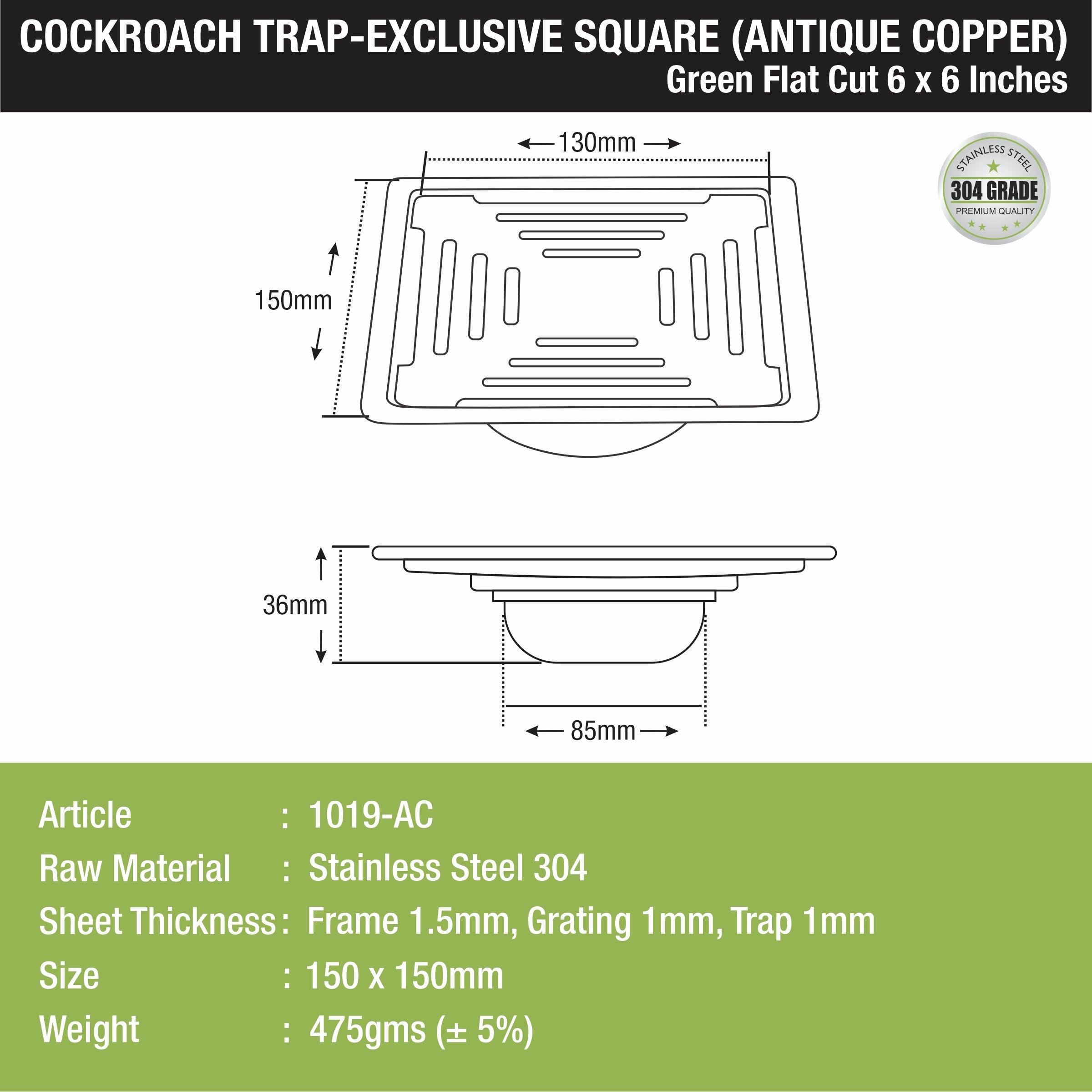 Green Exclusive Square Flat Cut Floor Drain in Antique Copper PVD Coating (6 x 6 Inches) with Cockroach Trap sizes and dimensions