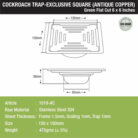 Green Exclusive Square Flat Cut Floor Drain in Antique Copper PVD Coating (6 x 6 Inches) with Cockroach Trap - LIPKA - Lipka Home
