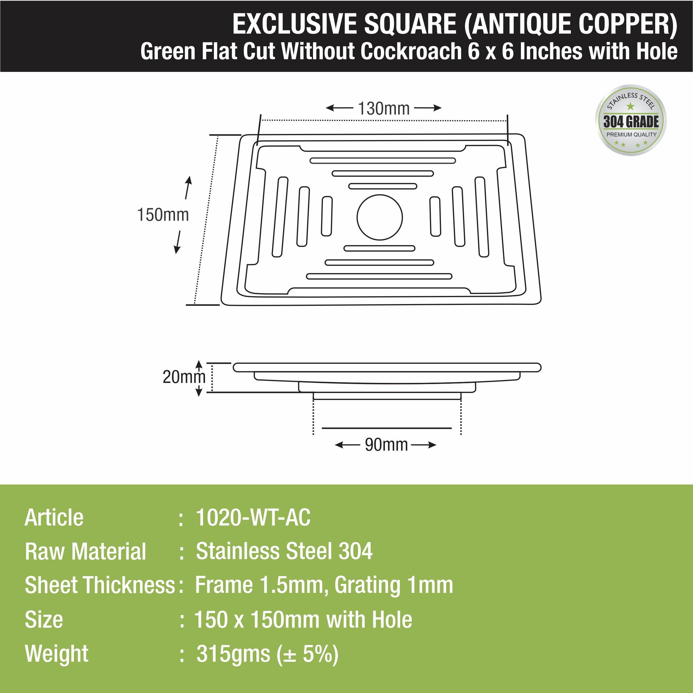 Green Exclusive Square Flat Cut Floor Drain in Antique Copper PVD Coating (6 x 6 Inches) with Hole sizes and dimensions