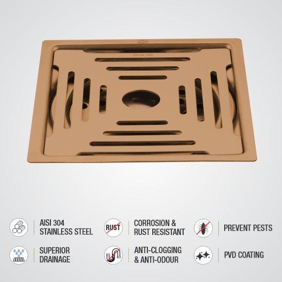 Green Exclusive Square Flat Cut Floor Drain in Antique Copper PVD Coating (6 x 6 Inches) with Hole features