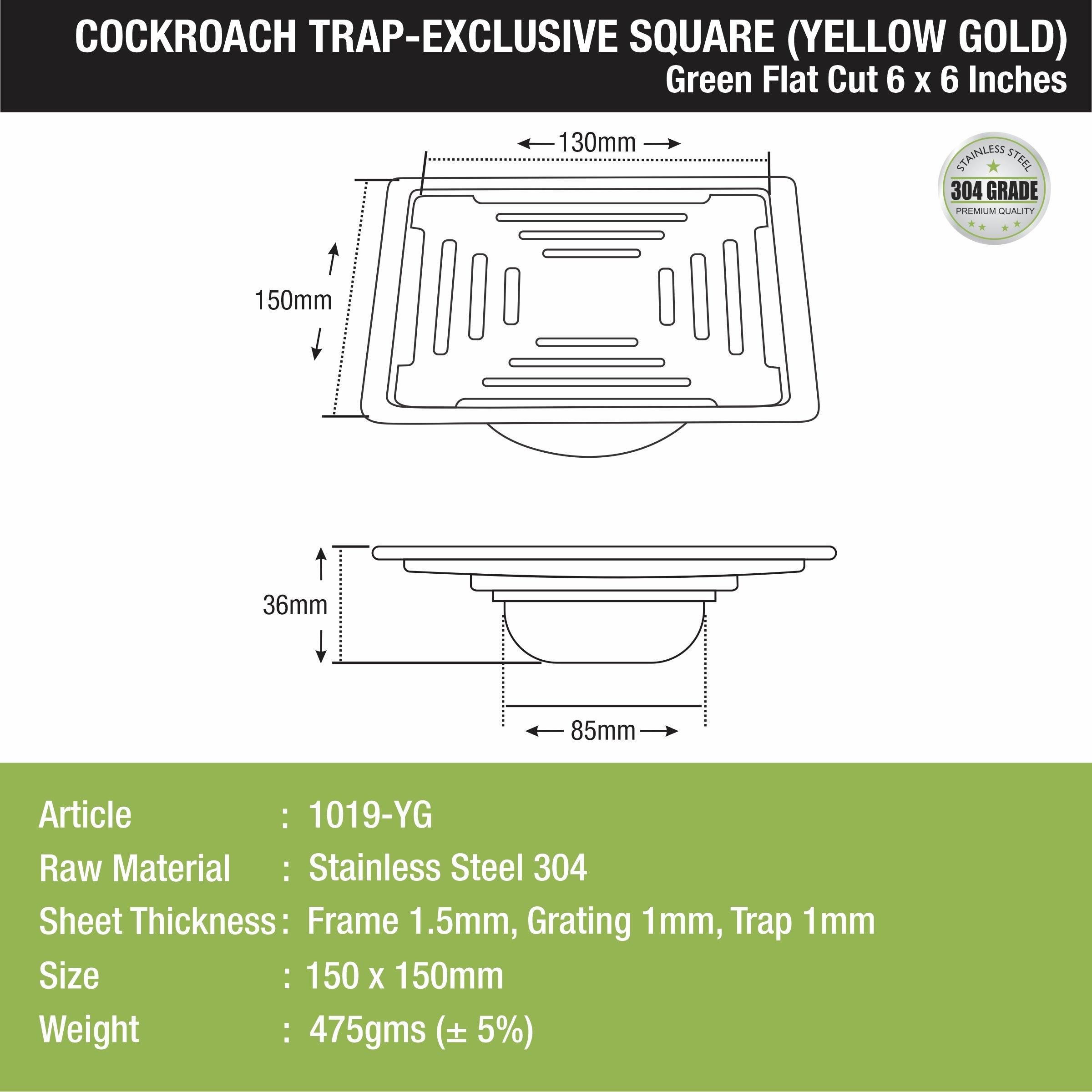 Green Exclusive Square Flat Cut Floor Drain in Yellow Gold PVD Coating (6 x 6 Inches) with Cockroach Trap - LIPKA - Lipka Home