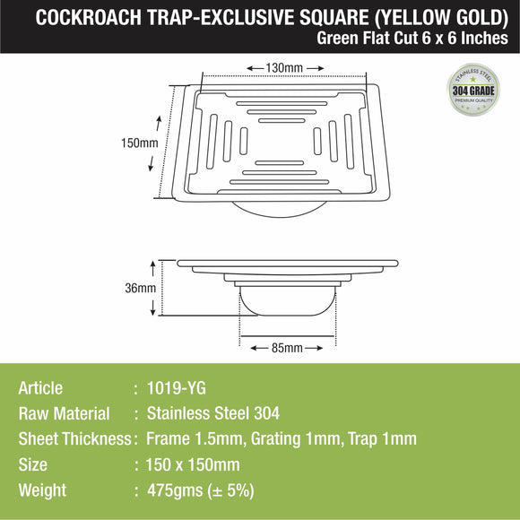 Green Exclusive Square Flat Cut Floor Drain in Yellow Gold PVD Coating (6 x 6 Inches) with Cockroach Trap - LIPKA - Lipka Home