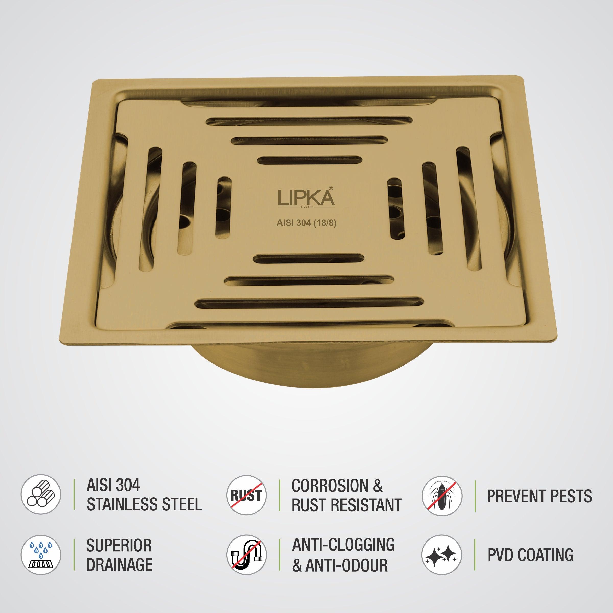 Green Exclusive Square Flat Cut Floor Drain in Yellow Gold PVD Coating (6 x 6 Inches) with Cockroach Trap - LIPKA - Lipka Home