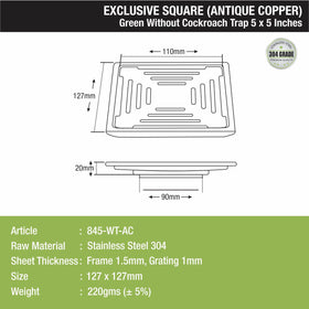 Green Exclusive Square Floor Drain in Antique Copper PVD Coating (5 x 5 Inches) - LIPKA - Lipka Home