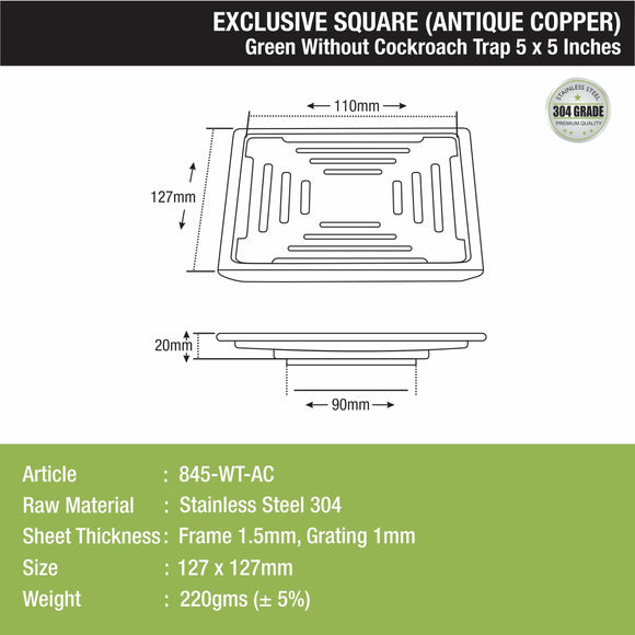 Green Exclusive Square Floor Drain in Antique Copper PVD Coating (5 x 5 Inches) - LIPKA - Lipka Home