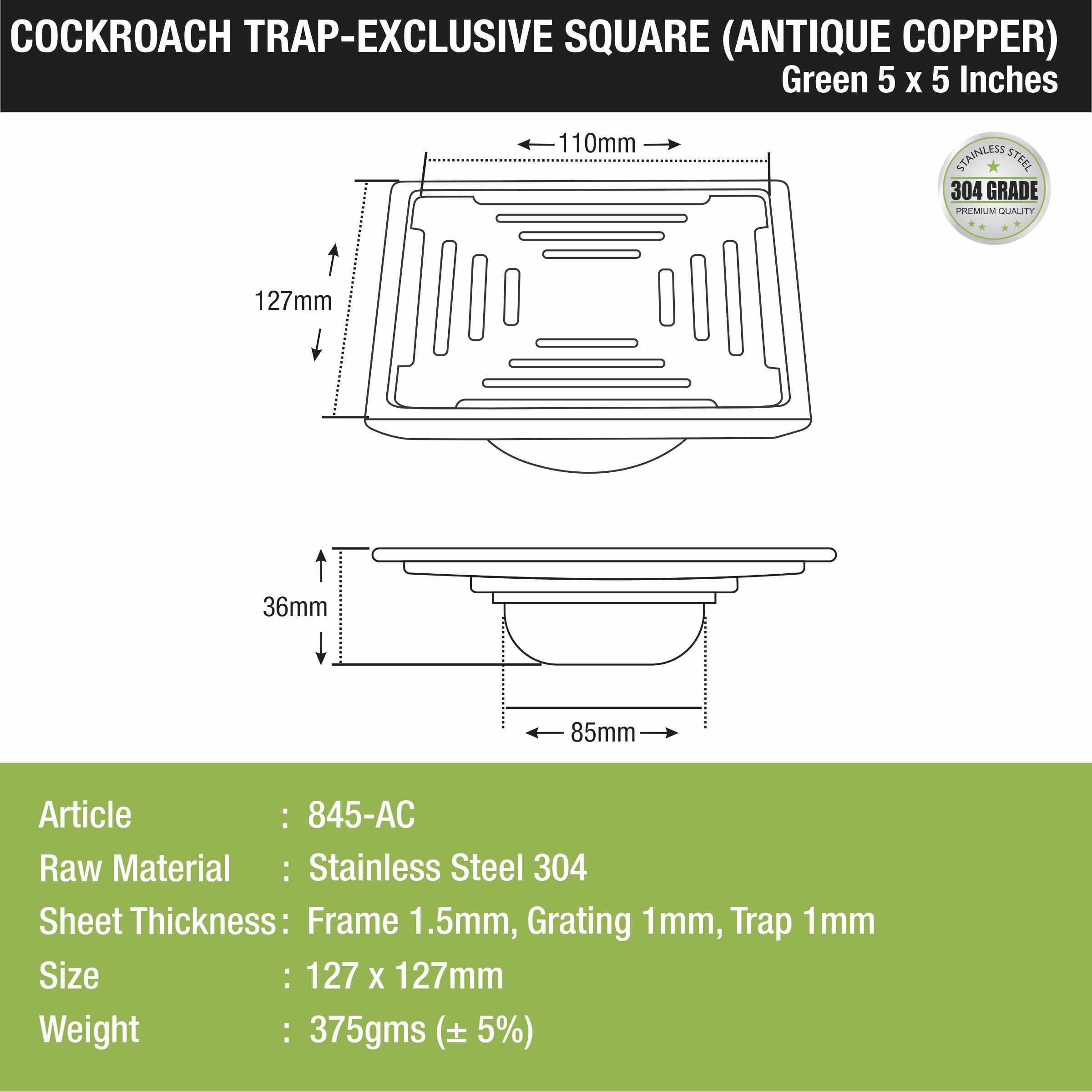 Green Exclusive Square Floor Drain in Antique Copper PVD Coating (5 x 5 Inches) with Cockroach Trap sizes and dimensions