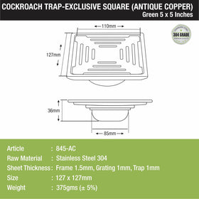 Green Exclusive Square Floor Drain in Antique Copper PVD Coating (5 x 5 Inches) with Cockroach Trap - LIPKA - Lipka Home