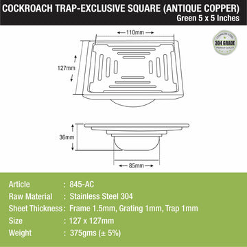 Green Exclusive Square Floor Drain in Antique Copper PVD Coating (5 x 5 Inches) with Cockroach Trap - LIPKA - Lipka Home