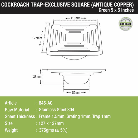 Green Exclusive Square Floor Drain in Antique Copper PVD Coating (5 x 5 Inches) with Cockroach Trap - LIPKA - Lipka Home