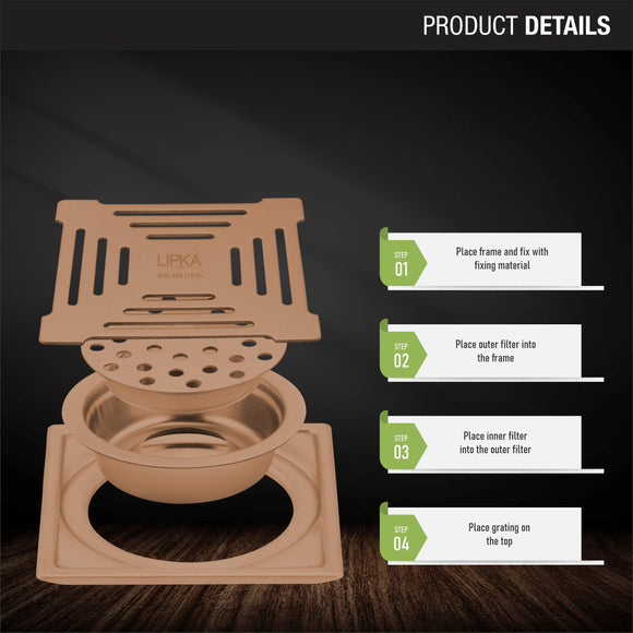 Green Exclusive Square Floor Drain in Antique Copper PVD Coating (5 x 5 Inches) with Cockroach Trap - LIPKA - Lipka Home