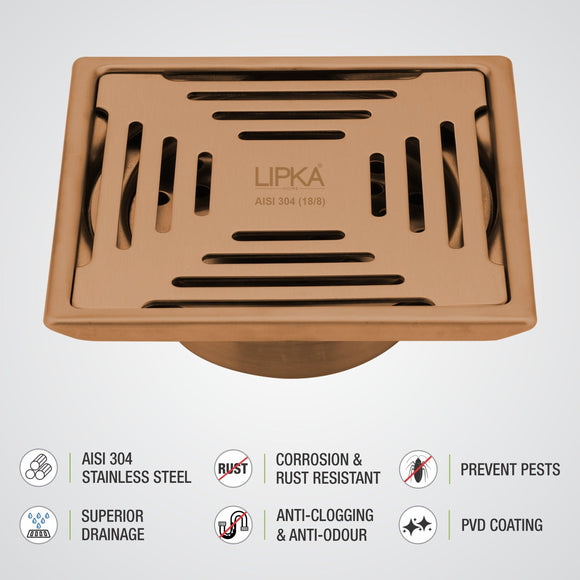 Green Exclusive Square Floor Drain in Antique Copper PVD Coating (5 x 5 Inches) with Cockroach Trap - LIPKA - Lipka Home