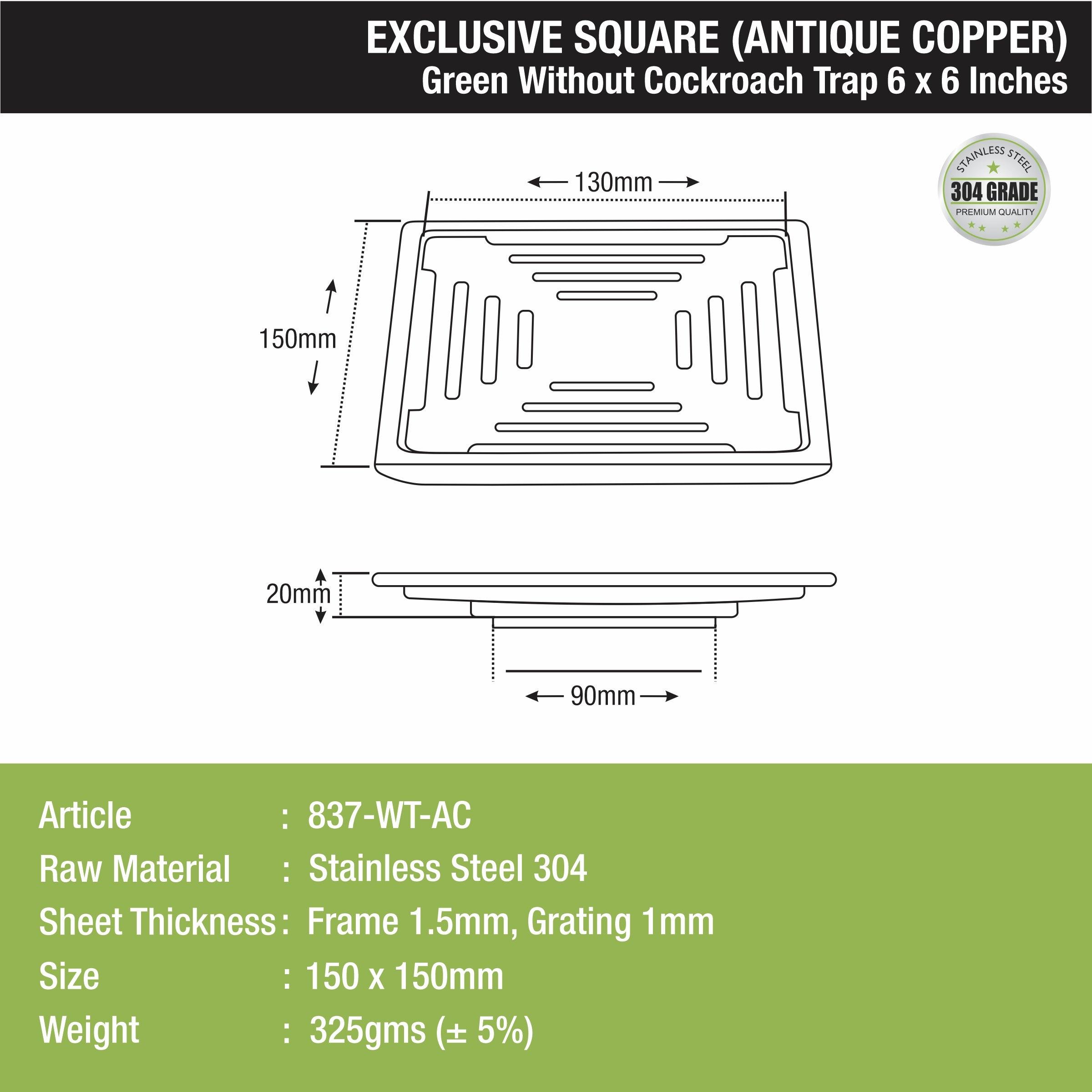Green Exclusive Square Floor Drain in Antique Copper PVD Coating (6 x 6 Inches) sizes and dimensions