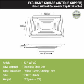 Green Exclusive Square Floor Drain in Antique Copper PVD Coating (6 x 6 Inches) - LIPKA - Lipka Home