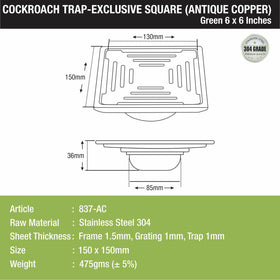 Green Exclusive Square Floor Drain in Antique Copper PVD Coating (6 x 6 Inches) with Cockroach Trap - LIPKA - Lipka Home