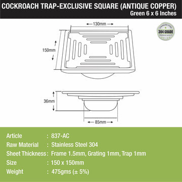 Green Exclusive Square Floor Drain in Antique Copper PVD Coating (6 x 6 Inches) with Cockroach Trap - LIPKA - Lipka Home