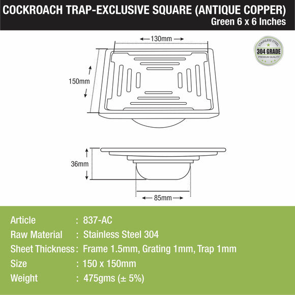 Green Exclusive Square Floor Drain in Antique Copper PVD Coating (6 x 6 Inches) with Cockroach Trap - LIPKA - Lipka Home