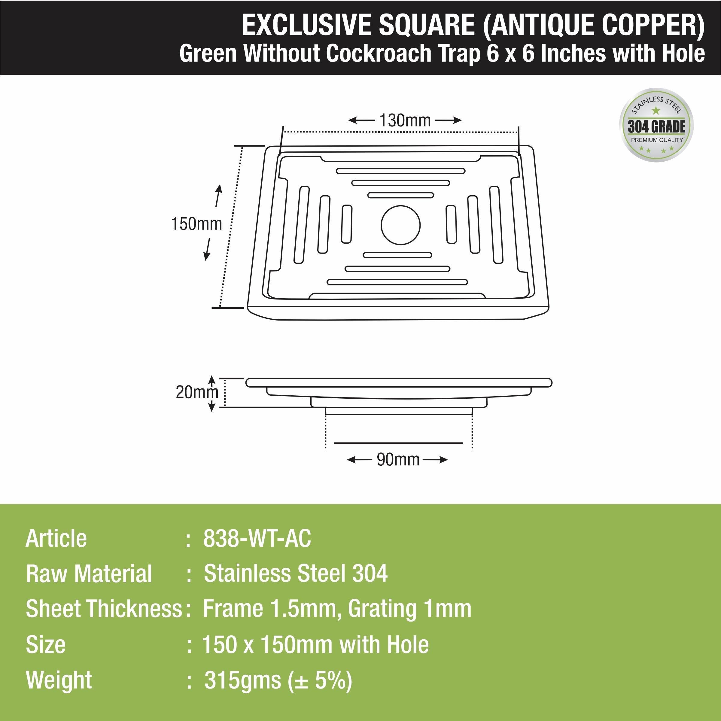 Green Exclusive Square Floor Drain in Antique Copper PVD Coating (6 x 6 Inches) with Hole sizes and dimensions