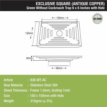 Green Exclusive Square Floor Drain in Antique Copper PVD Coating (6 x 6 Inches) with Hole - LIPKA - Lipka Home