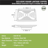 Green Exclusive Square Floor Drain in Antique Copper PVD Coating (6 x 6 Inches) with Hole sizes and dimensions